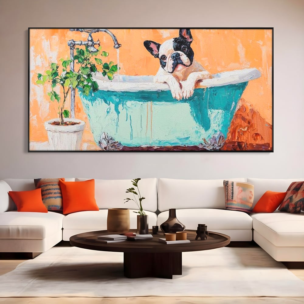 Tablou canvas cu tablou canvas cu bulldog in cada, in rama de aluminiu negru, pe perete intr-un living